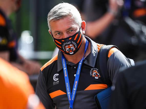Daryl Powell wearing a Castleford Tigers mask ahead of his side's defeat by Catalans Dragons at Headingley last week. Picture by Alex Whitehead/SWpix.com.