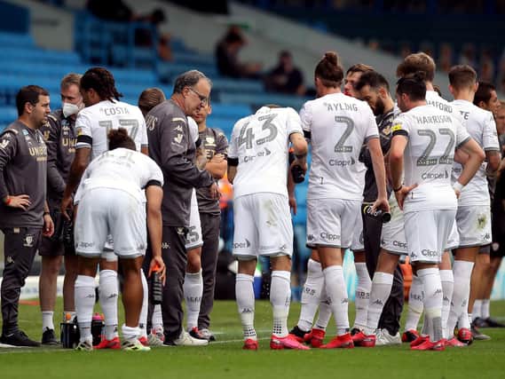 Leeds United's squad at Elland Road taking instruction from head coach Marcelo Bielsa. (PA)