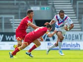 Wakefield Trinity's Bill Tupou tries to break the Catalans defence. (PIC: Bruce Rollinson/JPI Media)