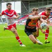Castleford Tiers' Michael Shenton goes fora  touchdown against Saints but takes the ball out of play.
 Picture: Bruce Rollinson/JPIMedia