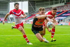 Castleford Tiers' Michael Shenton goes fora  touchdown against Saints but takes the ball out of play. Picture: Bruce Rollinson/JPIMedia