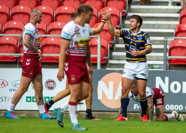 Tom Briscoe celebrates a try that shouldn't have been awarded against Wigan Warriors. Picture: Bruce Rollinson/JPIMedia.