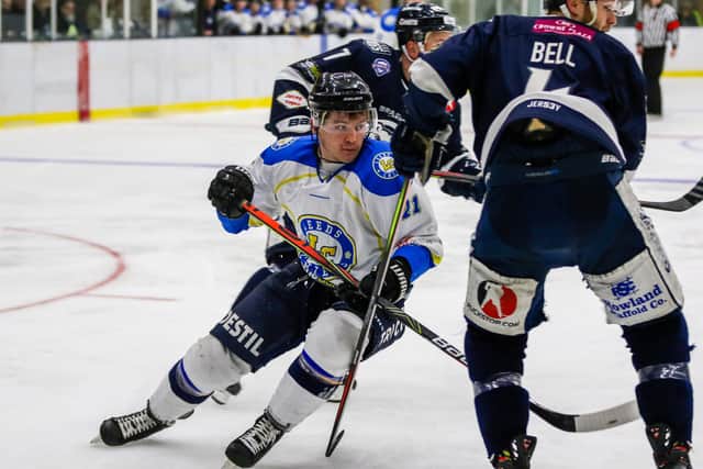 Liam Charnock, in action for Leeds against former club Sheffield Steeldogs last season. Picture courtesy of Mark Ferriss.