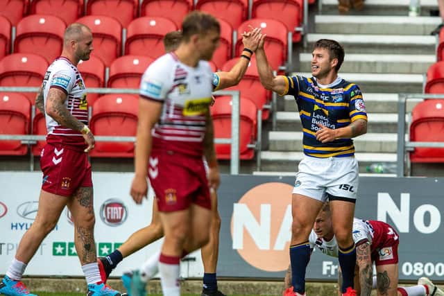 Tom Briscoe celebrates Rhinos' first try in 100 minutes of rugby. Picture by Bruce Rollinson.