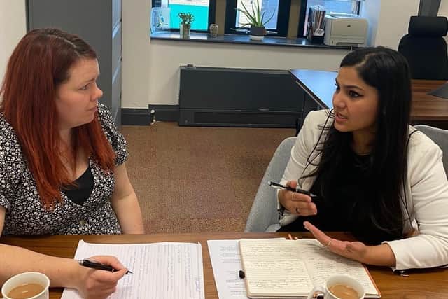 Project coordinator Sinead O’Reilly, left, and operations director Shanaz Gul holding a meeting at Hamara’s Beeston base.
