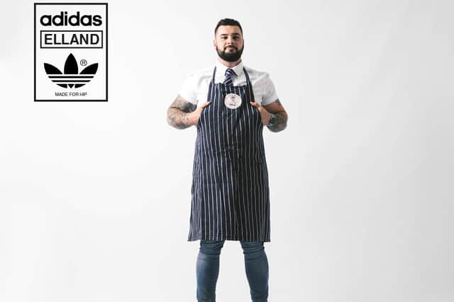 Kirkgate Market butcher Nathan Thorp wearing the Adidas Originals Spezial Elland 'Made for HIP' trainers.