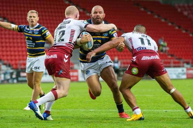 Adam Cuthbertson is stopped by Liam Farrell and Willie Isa.
 Picture: Bruce Rollinson.