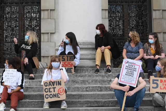 Young people wore masks on the steps of Leeds Civic Hall (photo: Simon Hulme).