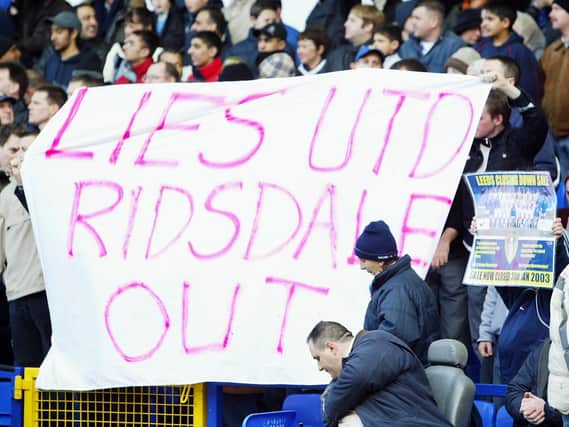 Leeds United fans hold a 'Ridsdale out' banner at Elland Road. (Getty)