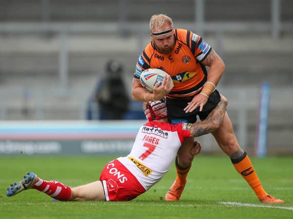 Oliver Holmes put in a huge effort for Tigers at St Helens. Picture by Bruce Rollinson.