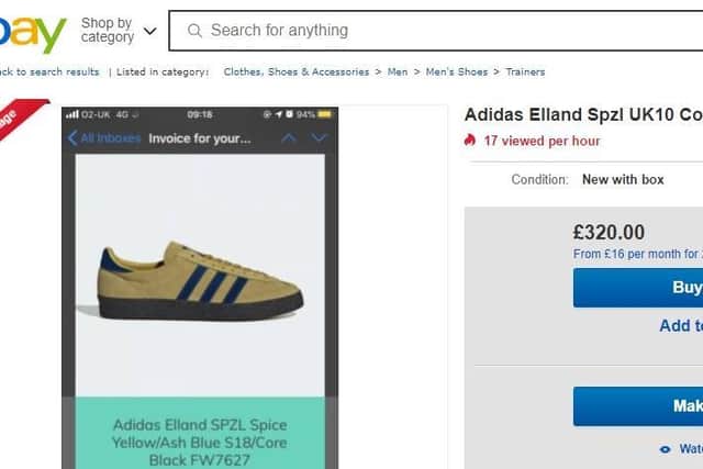 Listings have appeared on eBay selling the Leeds United inspired Adidas Originals Spezial Elland 'Made for HIP' trainers for three times the price. Photo: eBay.