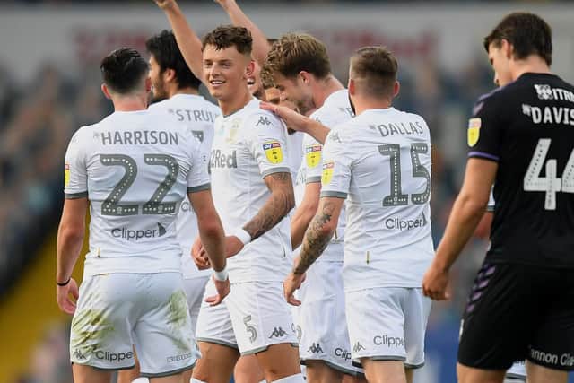 EVER PRESENT: Ben White celebrates his strike in Leeds United's season finale at home to Charlton Athletic. Photo by Michael Regan/Getty Images.