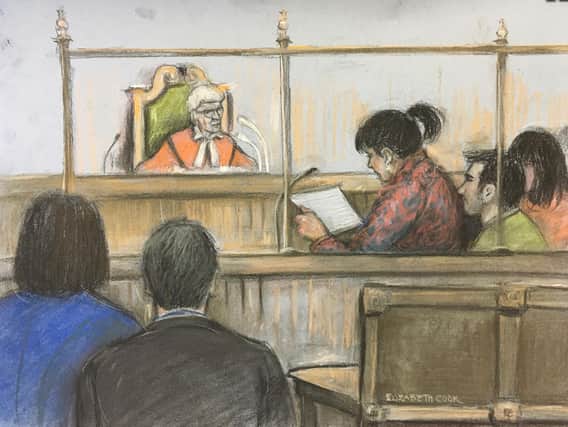Court artist sketch by Elizabeth Cook of Lisa Rutherford, mother of 17-year-old Chloe Rutherford reading her victim statement at the Old Bailey
