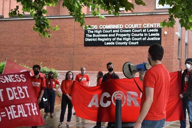 Protesters gathered outside Leeds Crown Court on Saturday calling for further legislation to protect renters