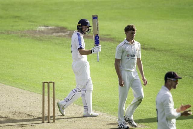 Yorkshire's Adam Lyth celebrates his half-century against Lancashire. Picture by Allan McKenzie/SWpix.com