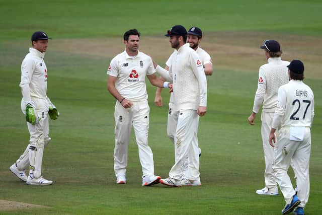 England's James Anderson celebrates with his team-mates after taking the wicket of Pakistan's Naseem Shah Picture: Mike Hewitt/NMC Pool/PA
