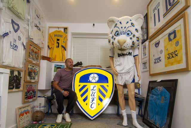 Ben Hunt with the Leeds United badge at his Denby Dale home (photo: Tony Johnson).