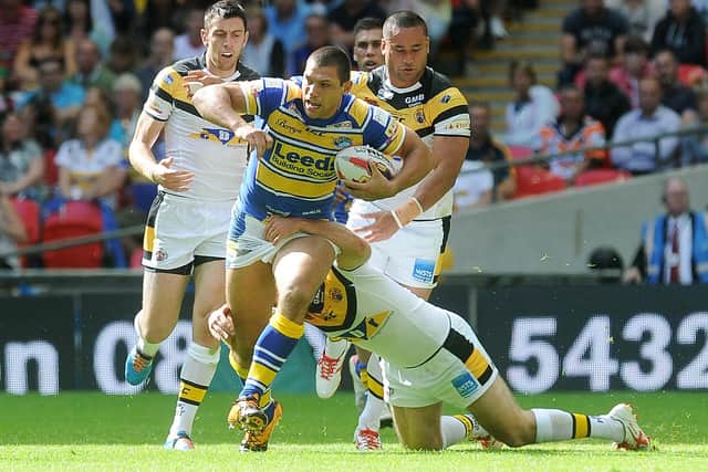 Lance Todd trophy winner Ryan Hall on the charge against Castleford Tigers at Wembley in 2014.