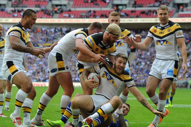 Daryl Clark scores the Castleford Tigers opening try in the 2014 Challenge Cup final. Picture: Bruce Rollinson.
