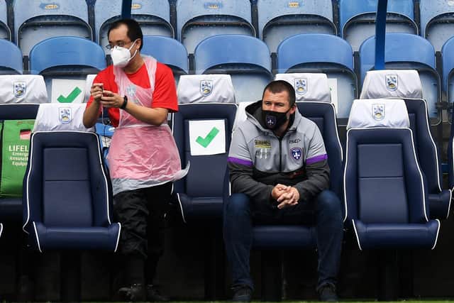 Wakefield Trinity head coach Chris Chester watches on from the sidelines at Huddersfield. 
Picture: Jonathan Gawthorpe.