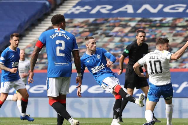 ON THE MARK: Rangers winger Ryan Kent strokes home his side's second goal in Saturday's 2-0 win at home to Kilmarnock. Photo by Ian MacNicol/Getty Images.