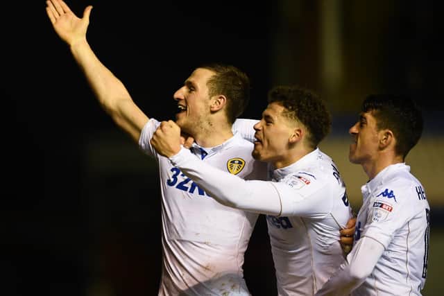 MEMORIES: Chris Wood celebrates scoring for Leeds United at Birmingham City with Kalvin Phillips and Pablo Hernandez in March 2017. Photo by Laurence Griffiths/Getty Images.