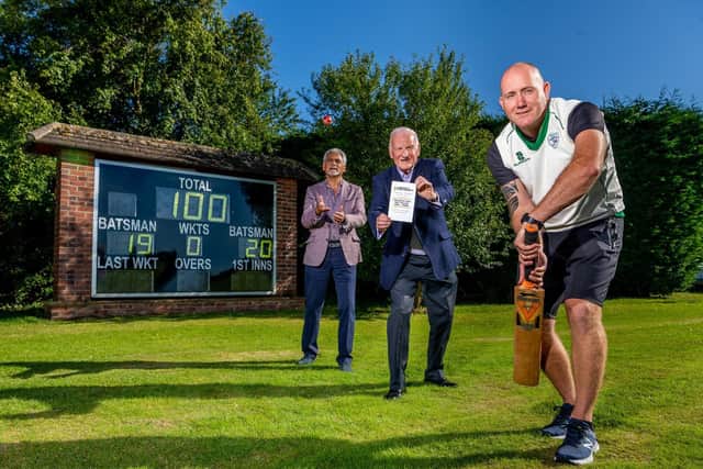 Leeds and Wetherby Cricket League celebrating its 100th anniversary. Pictured Zai Ali, (chairman of the Cricket League, Dan Leadbeater, fixture secretary, and David Spavin, umpire and author of The Leeds and Wetherby Cricket League Centenary Handbook. Picture: James Hardisty