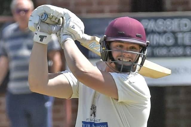 Jordan Laban hit 12 fours and four sixes in his century as Methley notched their first win of the season, beating Batley by 84 runs. Picture: Steve Riding.