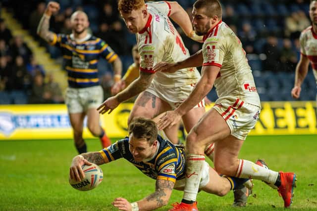 Richie Myler, pictured scoring against Hull KR in February, could return to face Salford on Saturday. Picture by Bruce Rollinson.