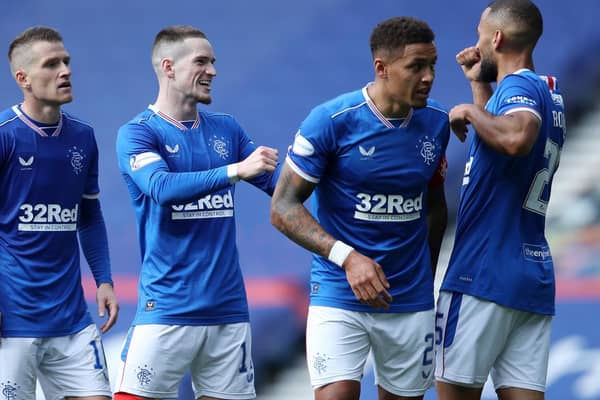 TARGET - Ryan Kent, second from left, remains a player of interest for Leeds United. The Rangers man is pictured celebrating with ex Whites attacker Kemar Roofe, right. Pic: Getty