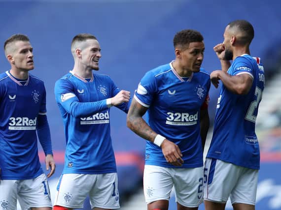 TARGET - Ryan Kent, second from left, remains a player of interest for Leeds United. The Rangers man is pictured celebrating with ex Whites attacker Kemar Roofe, right. Pic: Getty