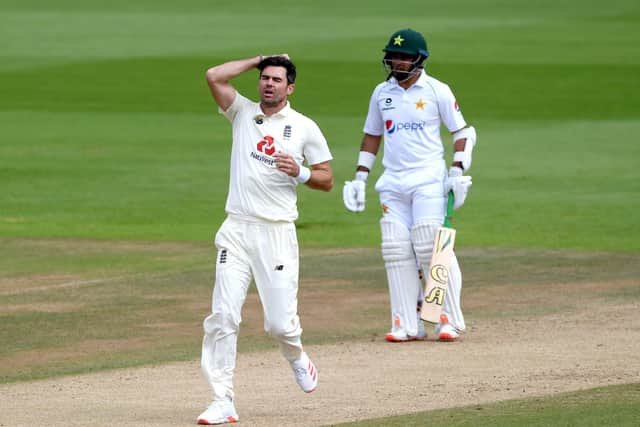 England's James Anderson (left) reacts after teammate Jos Buttler drops a catch to dismiss Pakistan's Shan Masood during day four at the Ageas Bowl. Picture: Mike Hewitt/NMC Pool/PA