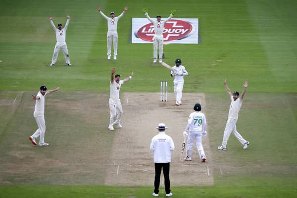 England's James Anderson successfully appeals for the wicket of Pakistan's Abid Ali on day four of the third Test match at the Ageas Bowl, taking him to 599 Test wickets. Picture: Alastair Grant/NMC Pool/PA