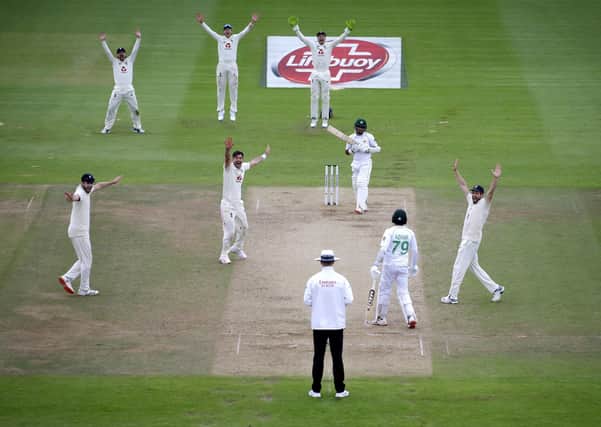 England's James Anderson successfully appeals for the wicket of Pakistan's Abid Ali on day four of the third Test match at the Ageas Bowl, taking him to 599 Test wickets. Picture: Alastair Grant/NMC Pool/PA