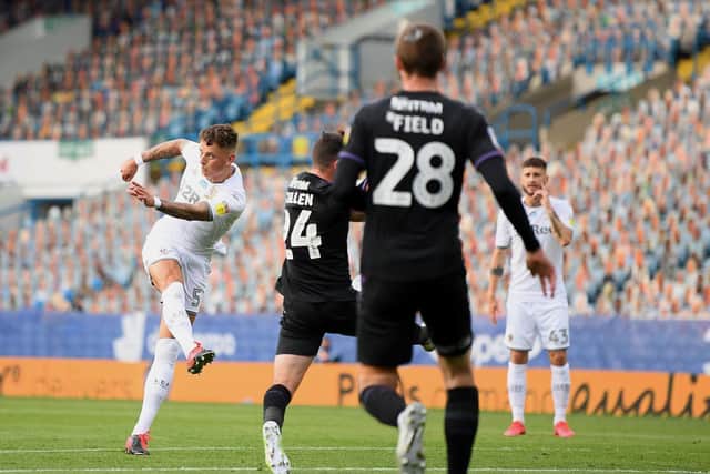 HUGE TALENT: Ben White sends a scorching volley into the top corner during his final outing for Leeds United in the 4-0 win at home to Charlton Athletic as part of last season's loan spell from Brighton. Photo by Michael Regan/Getty Images.