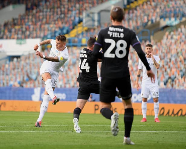 HUGE TALENT: Ben White sends a scorching volley into the top corner during his final outing for Leeds United in the 4-0 win at home to Charlton Athletic as part of last season's loan spell from Brighton. Photo by Michael Regan/Getty Images.