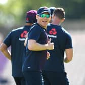 PLANNING AHEAD: England captain Eoin Morgan shares a joke with team mates during a nets session at the Ageas Bowl earlier this summer. Picture: Stu Forster/Pool/PA