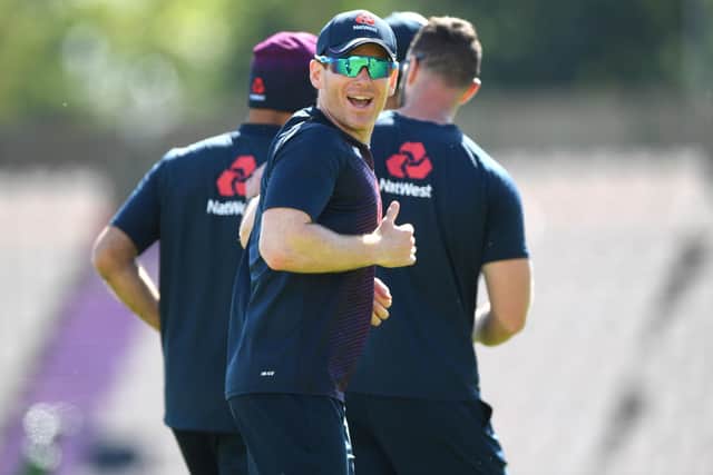 PLANNING AHEAD: England captain Eoin Morgan shares a joke with team mates during a nets session at the Ageas Bowl earlier this summer. Picture: Stu Forster/Pool/PA