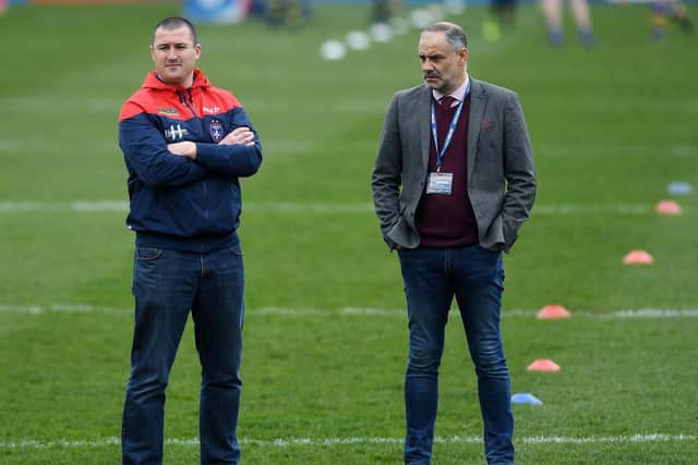 Trinity chief executive Michael Carter, right, with coach Chris Chester. Picture by  Jonathan Gawthorpe.