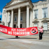 Christopher Hore, Alstair Chestermn and Drew Long of Extinction Rebellion hold socially distanced protest against expansion of Leeds Bradford Airport outside Leeds Civic Hall.
21 May 2020. Picture: Bruce Rollinson