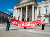 Christopher Hore, Alstair Chestermn and Drew Long of Extinction Rebellion hold socially distanced protest against expansion of Leeds Bradford Airport outside Leeds Civic Hall.
21 May 2020. Picture: Bruce Rollinson