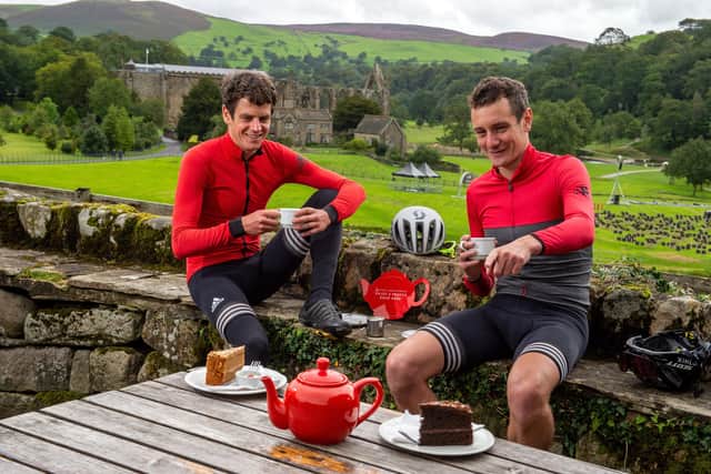 Olympians Jonny and Alistair Brownlee enjoy a cup of Yorkshire Tea at the Tea Cottage in Bolton Abbey to help promote an initiative aimed at helping cafes.
Picture: Bruce Rollinson