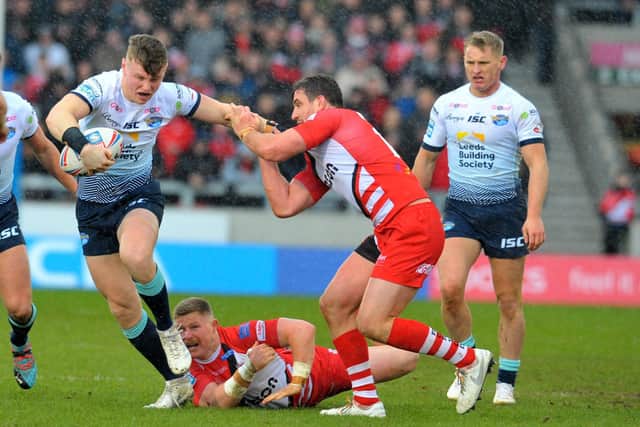 Harry Newman in action against Salford Red Devils earlier in the season. Picture: Steve Riding.