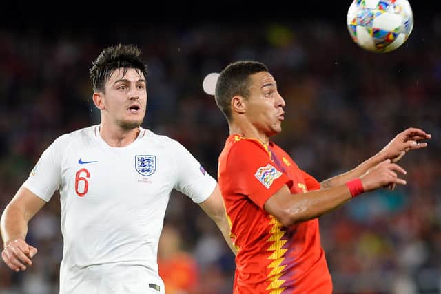 OLD FOE - Rodrigo will come up against Harry Maguire of Manchester United with his new club Leeds United this season in the Premier League. Pic: Getty