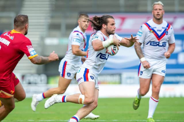 Liam Kay on the ball in the Super League defeat by Catalans. Picture by Bruce Rollinson.