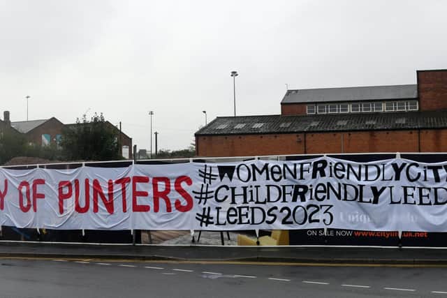 The banner over an advertising hoarding in Holbeck (photo: Gary Longbottom).