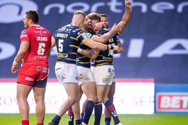 Leeds' Richie Myler is congratulated after scoring against Salford. Picture: Allan McKenzie/SWpix.com