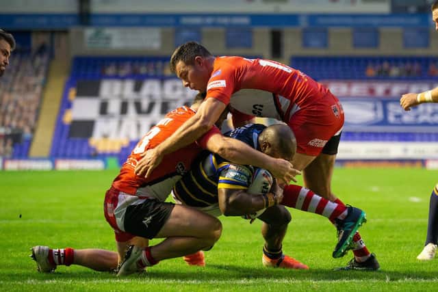 Rob Lui scores for Leeds Rhinos against Salford. Picture:  Isabel Pearce/SWpix.com.