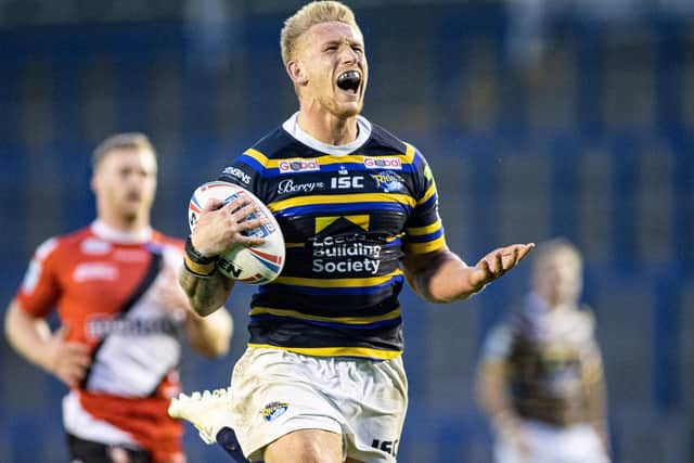 Mikolaj Oledzki of Leeds runs in for a try against Salford. Picture: Isabel Pearce/SWpix.com.