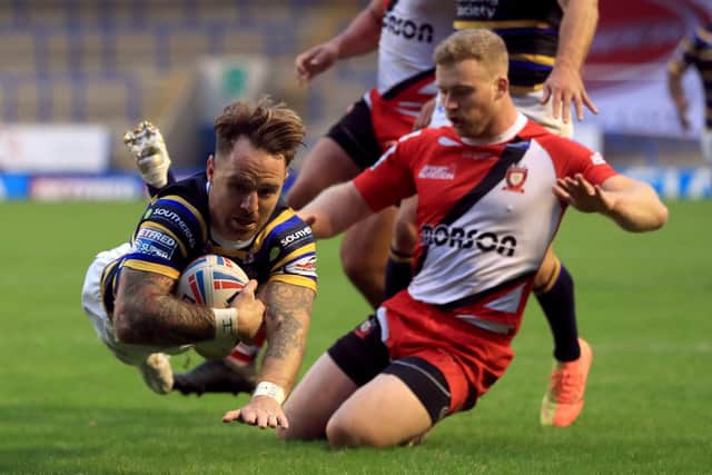 Leeds Rhinos' Richard Myler scores his second try against Salford. Picture: Mike Egerton/PA Wire.